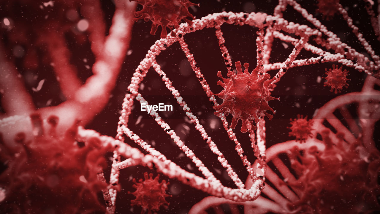 Coronavirus disease covid-19 infection dna cell structure biology from microscope, virus in blood.3d