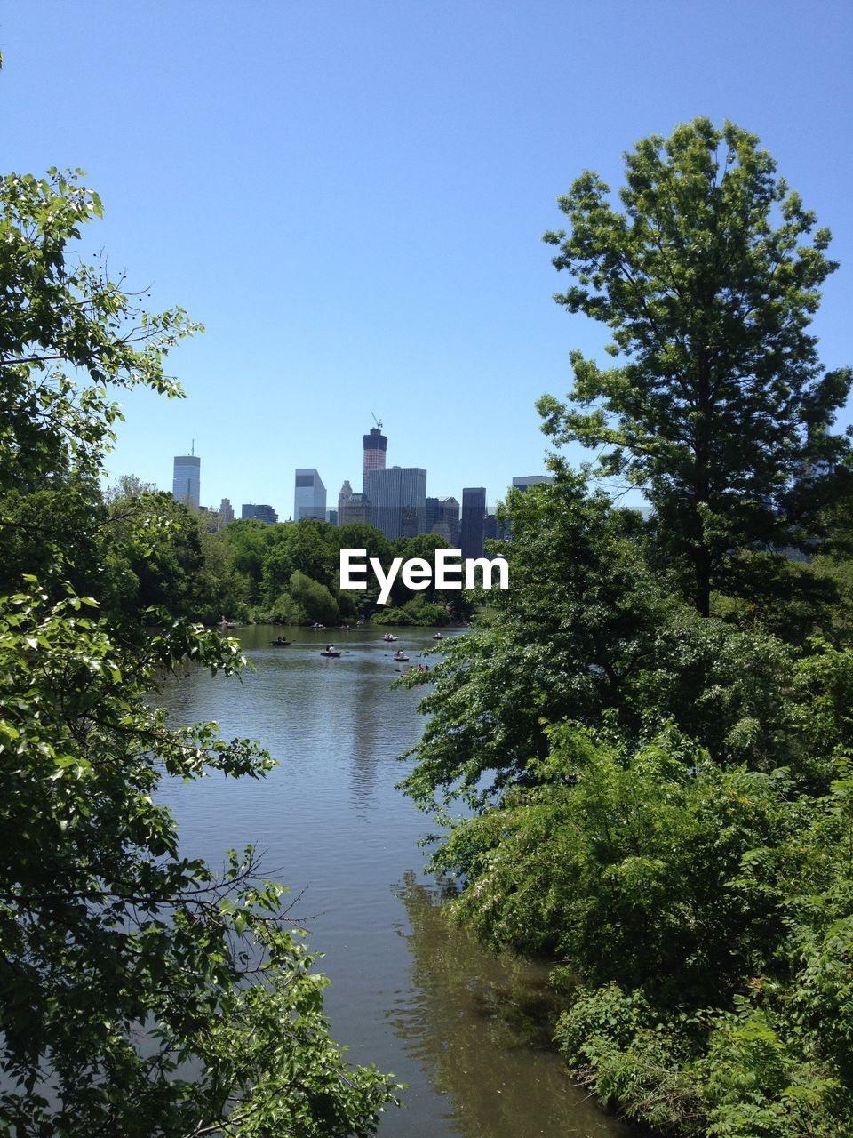 River amidst trees and buildings against sky