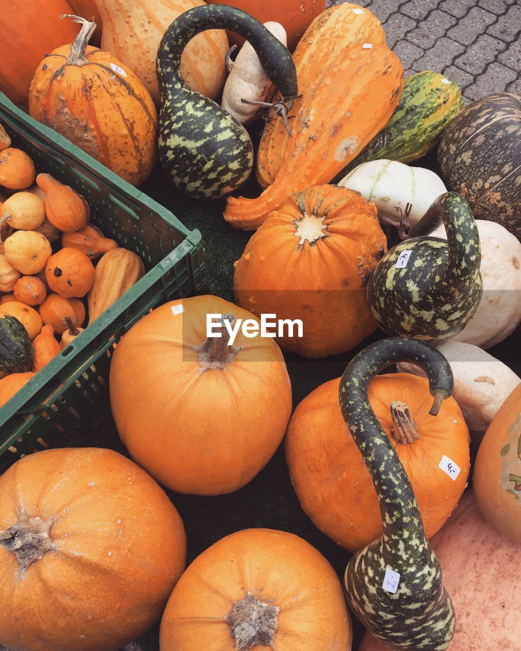 High angle view of pumpkins for sale at market