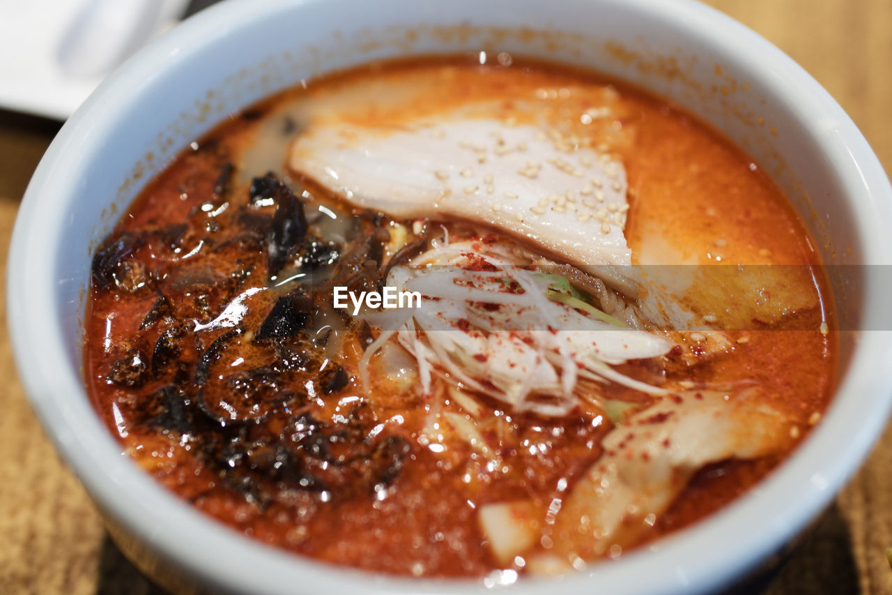 food and drink, food, bowl, healthy eating, soup, dish, asian food, wellbeing, cuisine, freshness, no people, noodle, meat, indoors, close-up, japanese food, vegetable, stew, meal, high angle view, table, selective focus, spice, pasta, produce