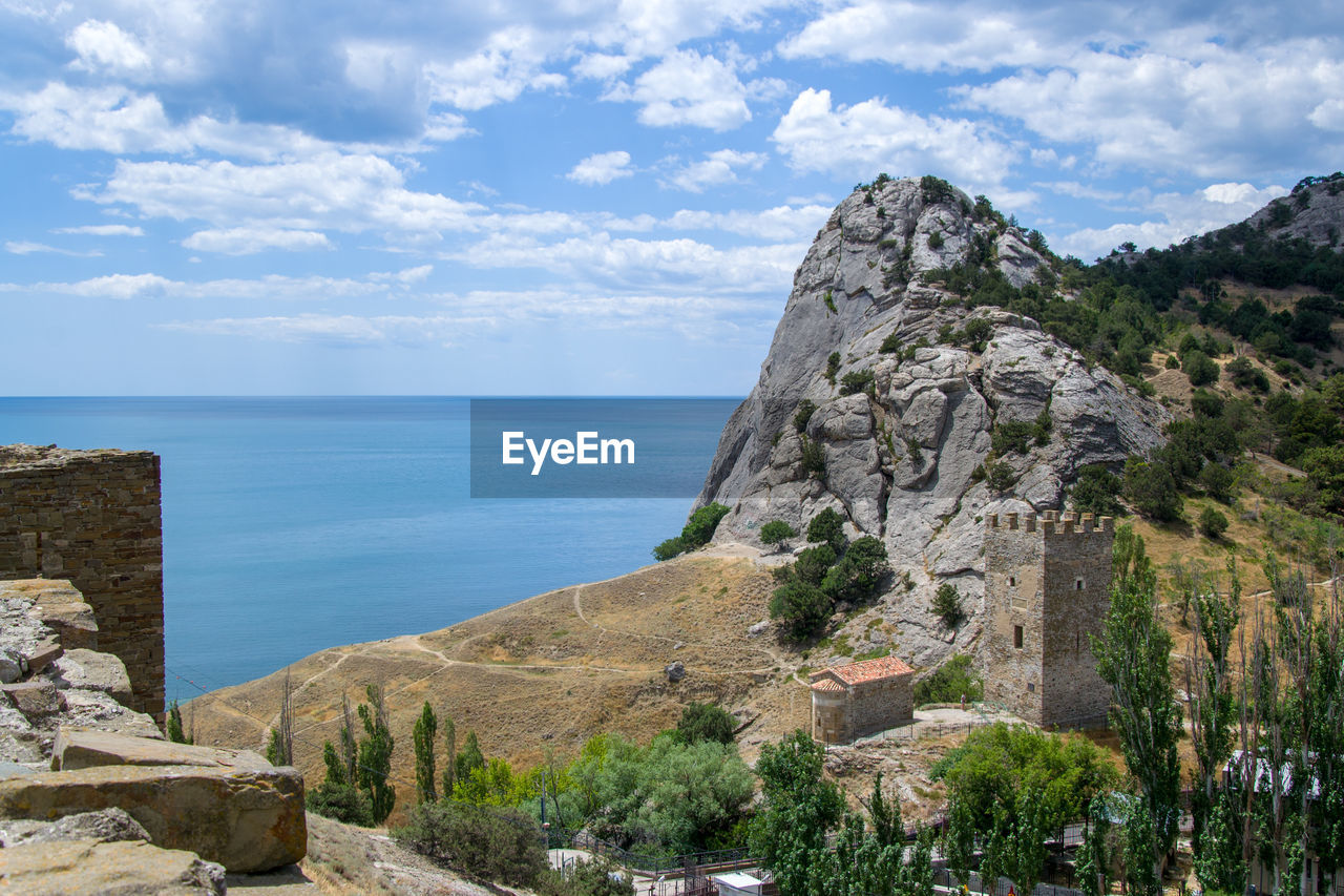 Scenic view of sea and rocks against sky