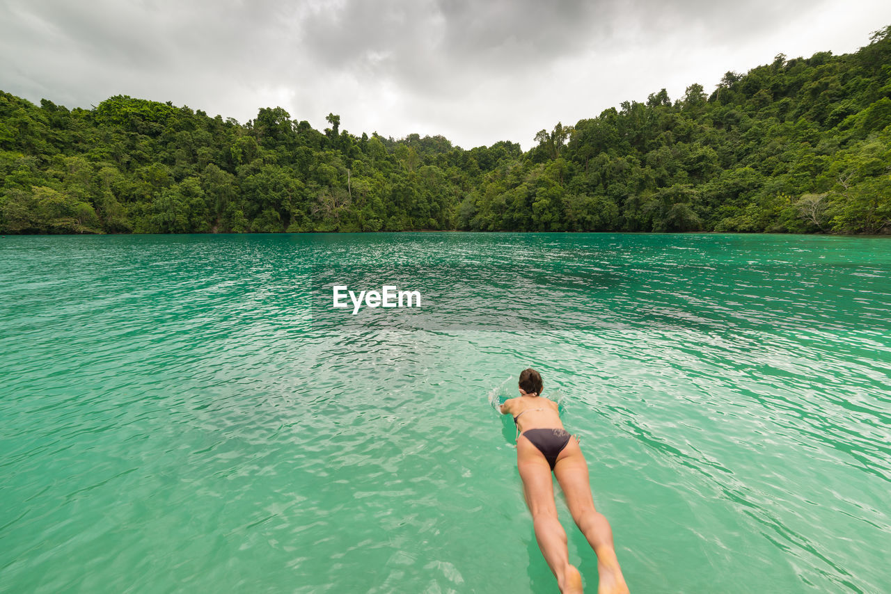 Rear view of woman wearing bikini diving in lake against forest