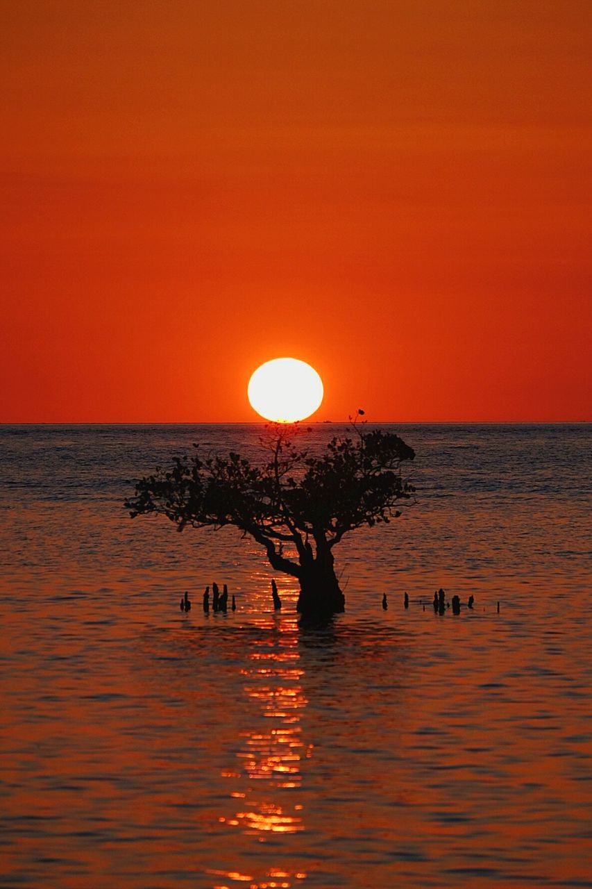 SILHOUETTE PEOPLE ON SEA AGAINST ORANGE SKY