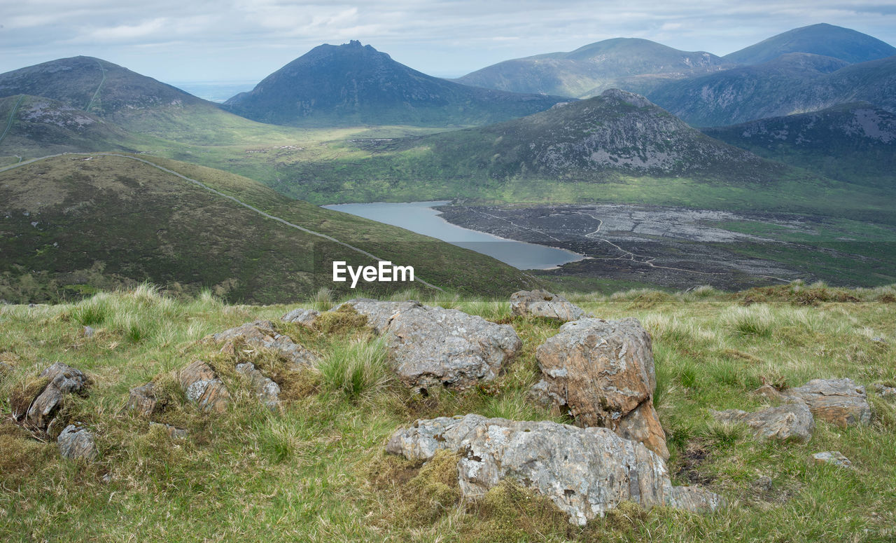 Scenic view of lake and mountains against sky