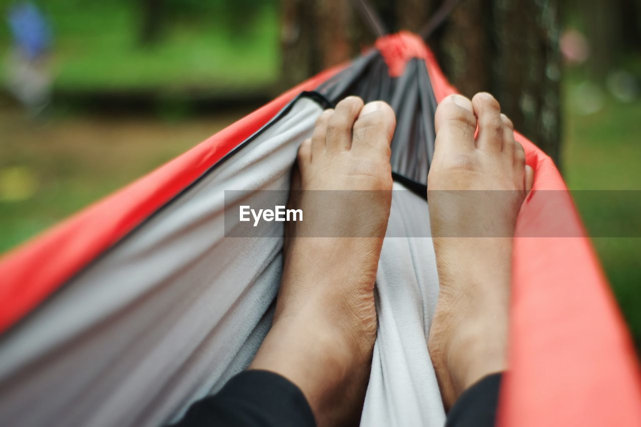 Low section of man relaxing on hammock