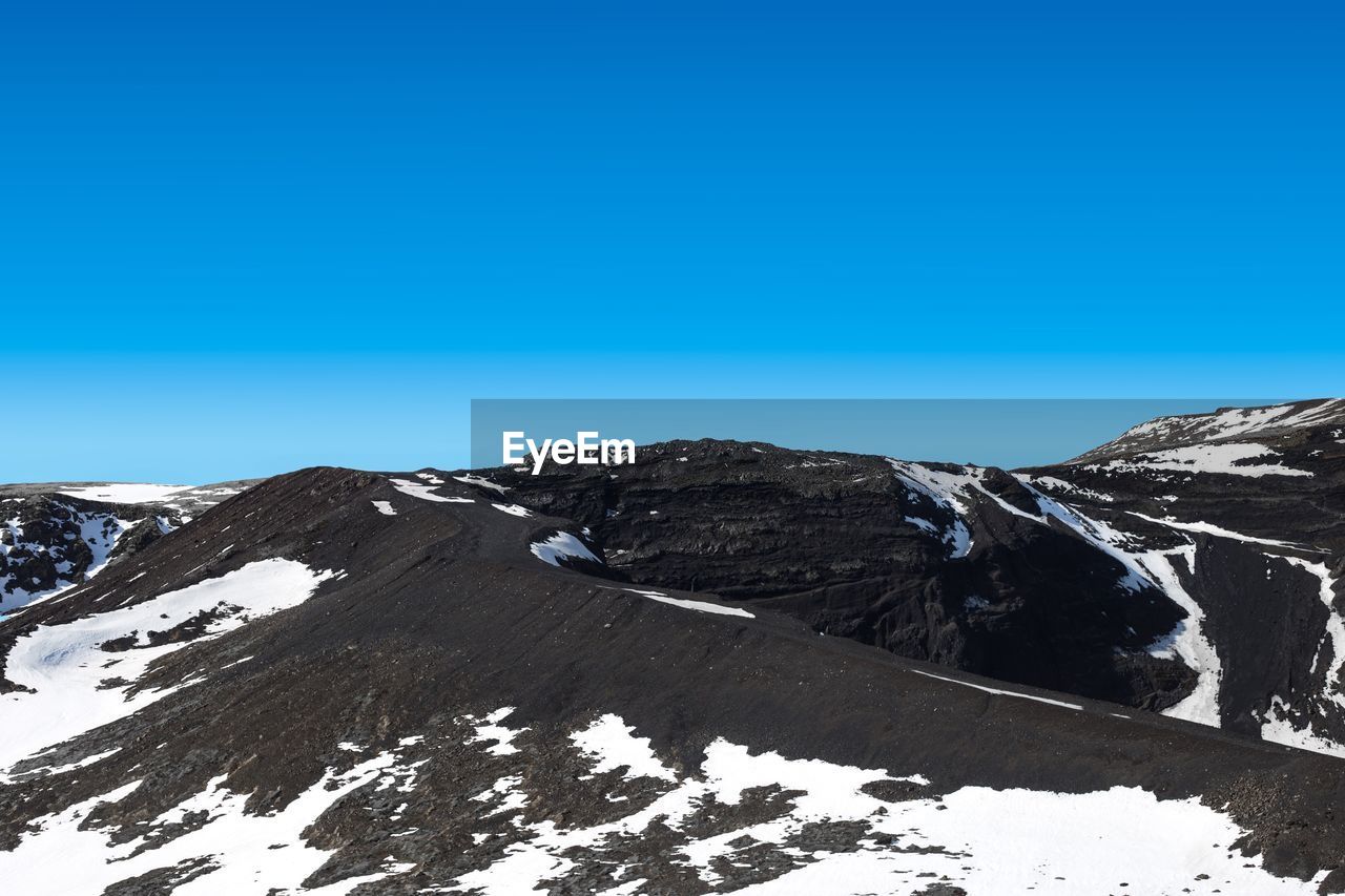 Scenic view of snowcapped mountains against clear blue sky