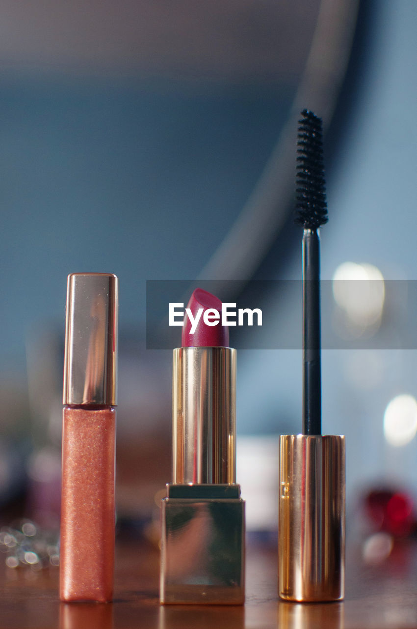 Close-up of beauty products on table