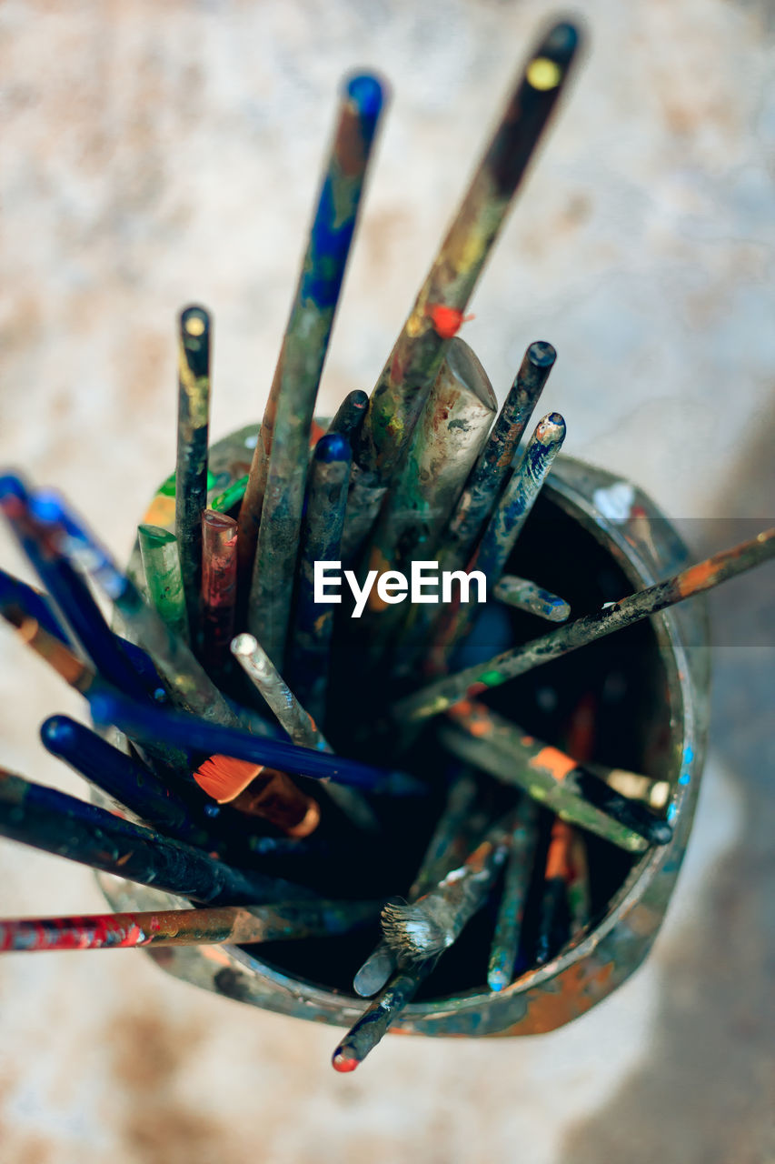 blue, paintbrush, brush, multi colored, creativity, craft, close-up, art and craft equipment, macro photography, paint, no people, variation, large group of objects, palette, indoors, art, still life, focus on foreground, selective focus, high angle view
