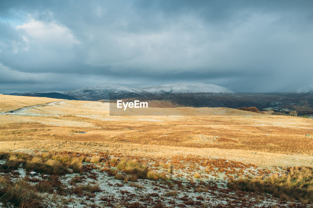 Scenic view of grassy field and mountain against cloudy sky