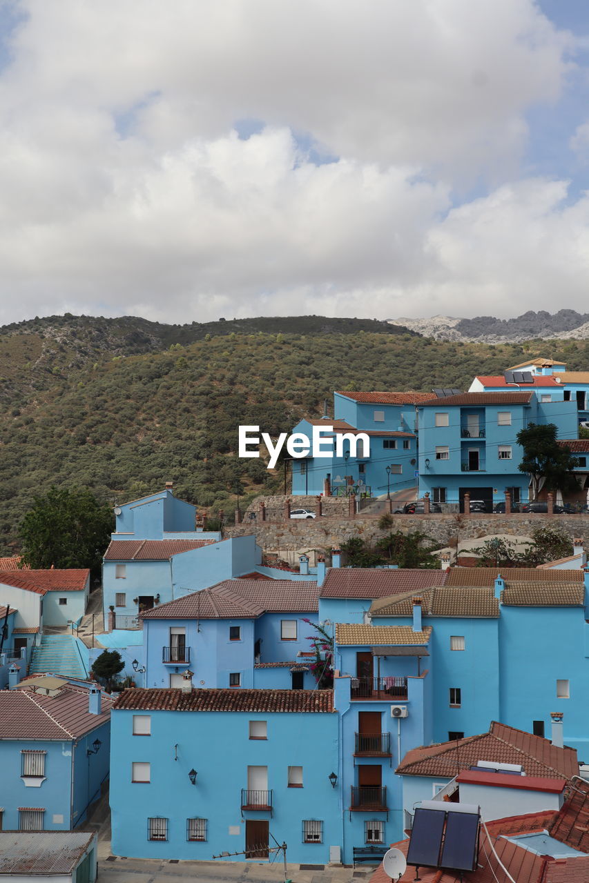 high angle view of buildings against sky