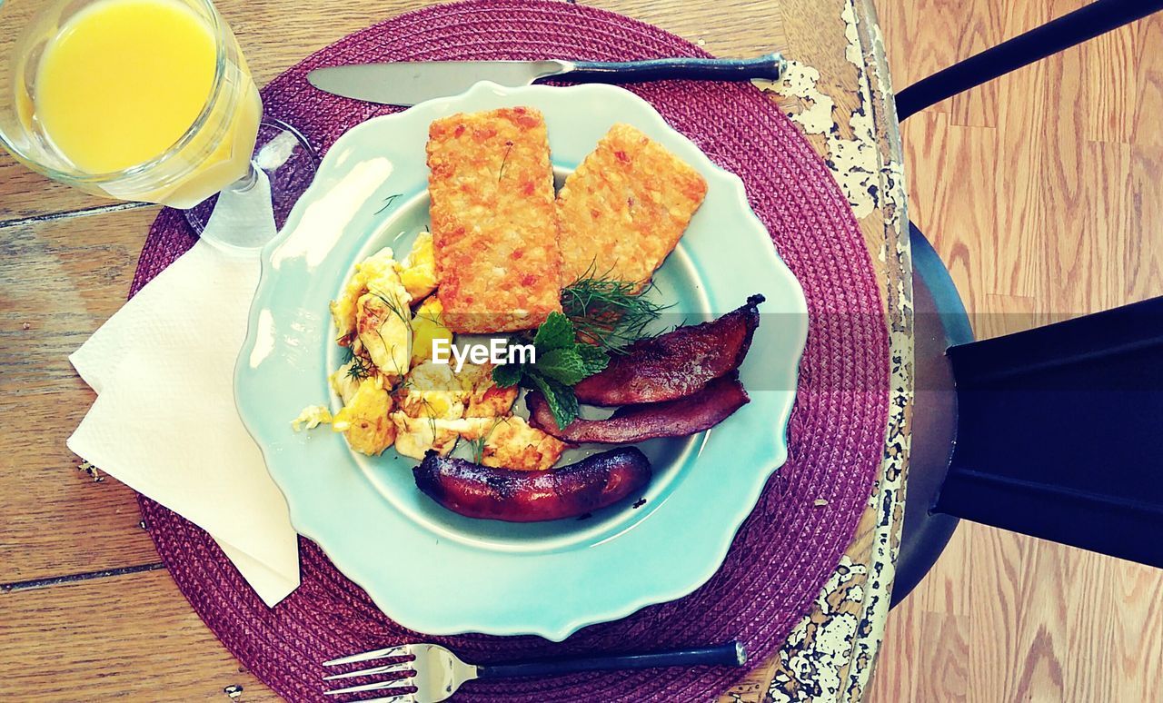 Directly above shot of breakfast in plate on table