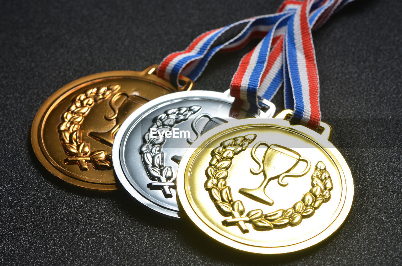 High angle view of medal on table