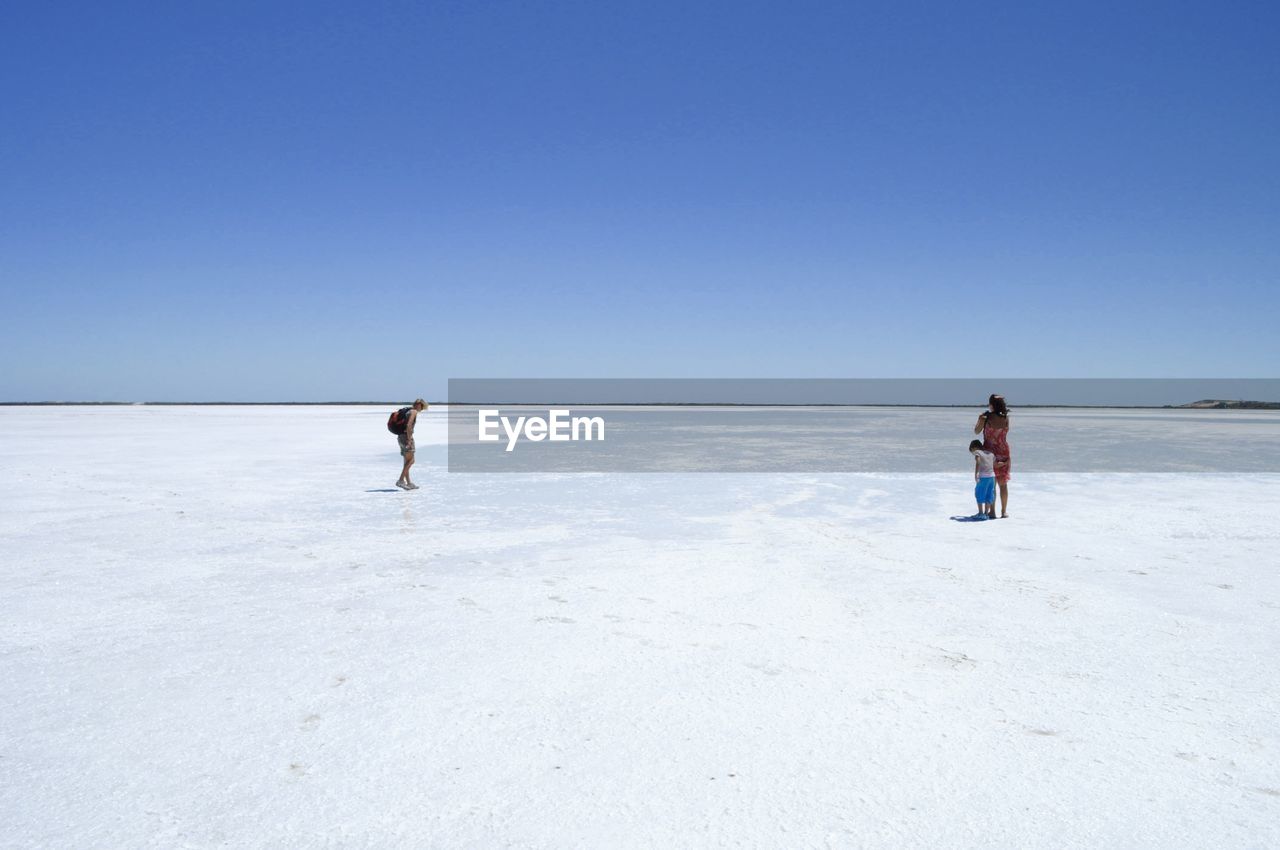 Tourist standing on dry salt lake against clear sky