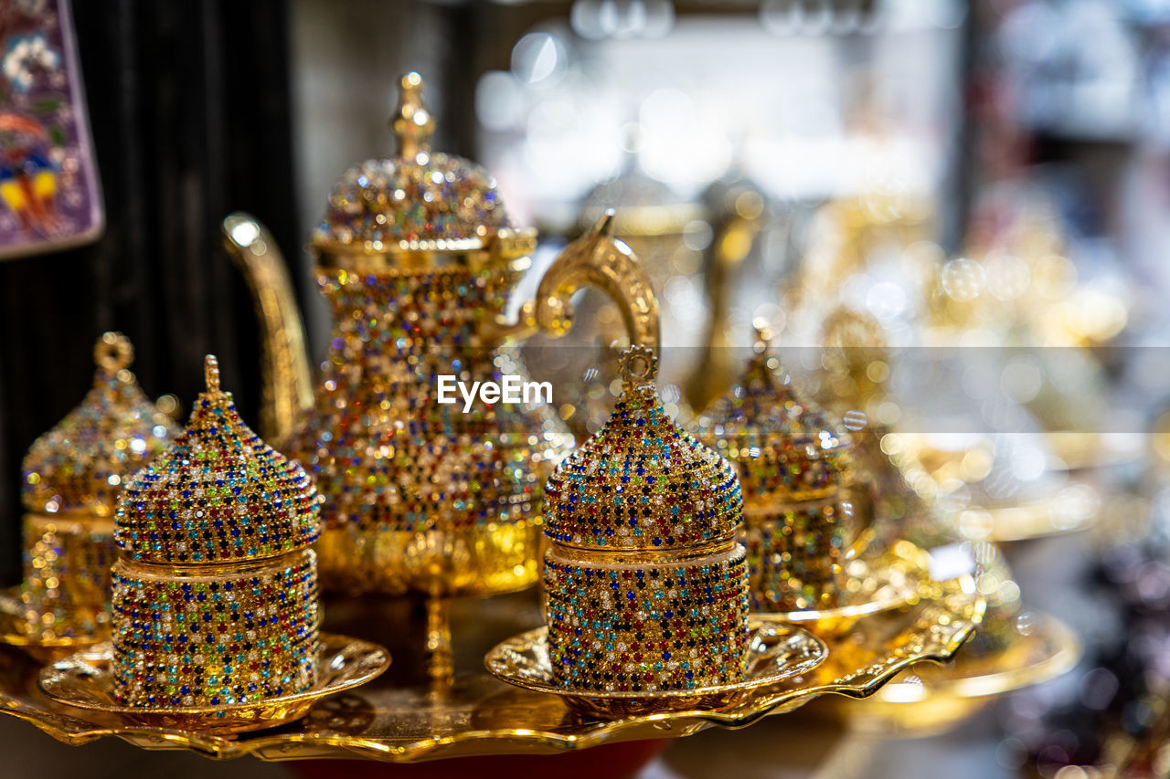 Close-up of christmas tea set