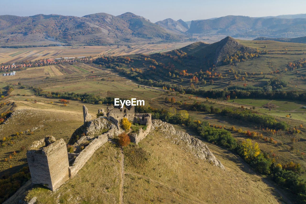 Aerial view of the medieval fortress of coltesti, torockoszentgyorgy. transylvania, romania