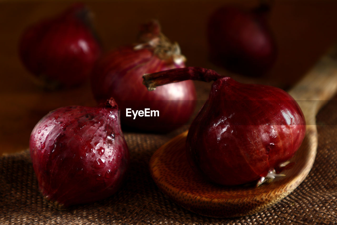 Close-up of onions on table