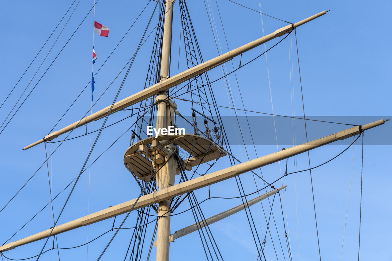 sailboat, nautical vessel, sailing, vehicle, ship, mast, pole, transportation, mode of transportation, sailing ship, sky, rigging, rope, tall ship, blue, nature, watercraft, water, sea, no people, passenger ship, galleon, boat, travel, history, clear sky, outdoors, the past, windjammer, day, low angle view, craft, flag, architecture, barquentine