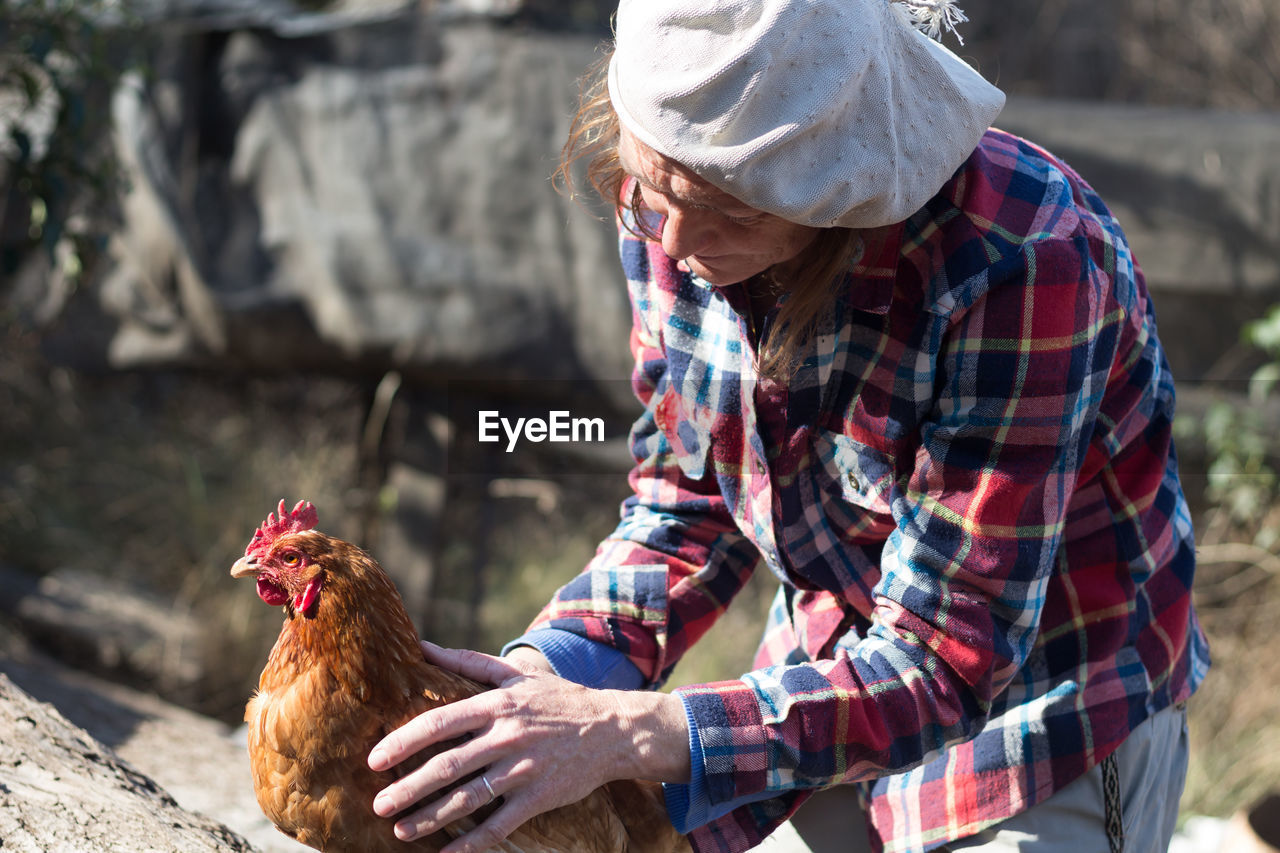 Mature woman with hen at farm