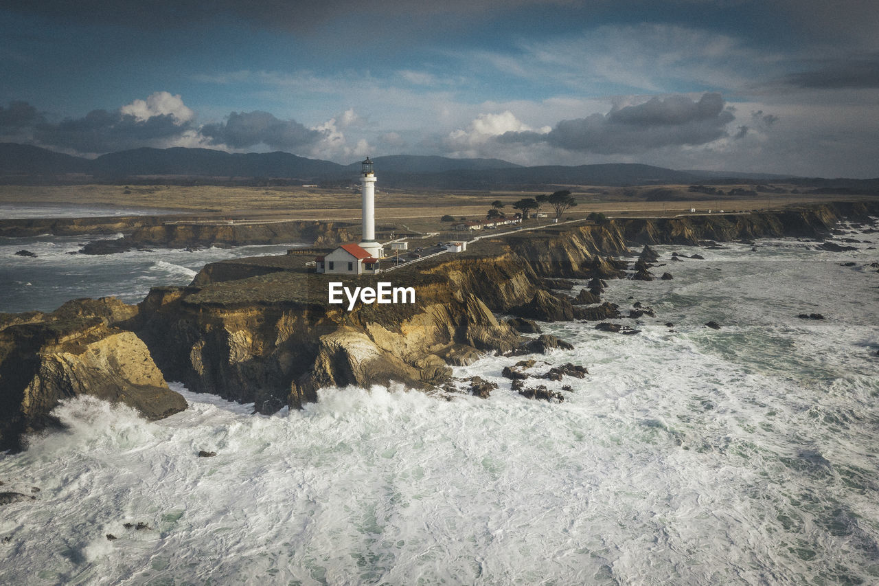 Lighthouse on the pacific coast from above, point arena, california