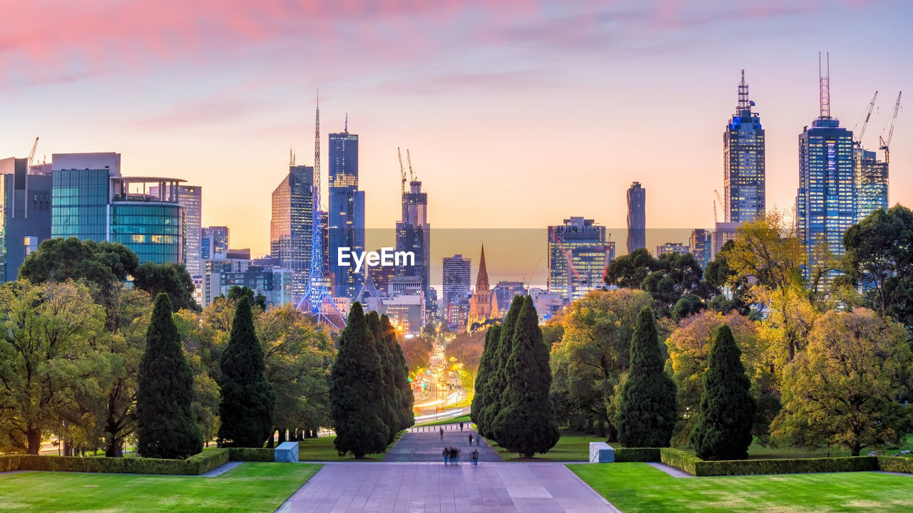 Panorama view of melbourne city skyline at twilight in australia