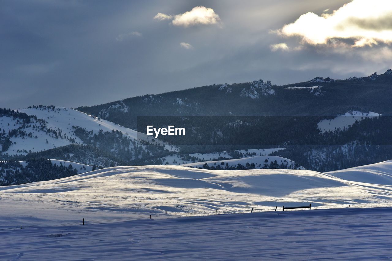 Scenic view of snow covered mountains against sky