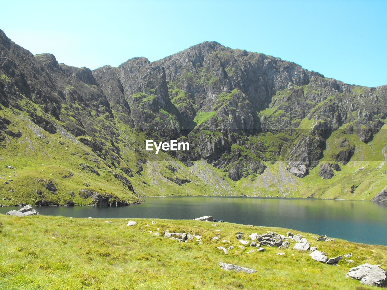 Scenic view of lake and mountains against clear sky