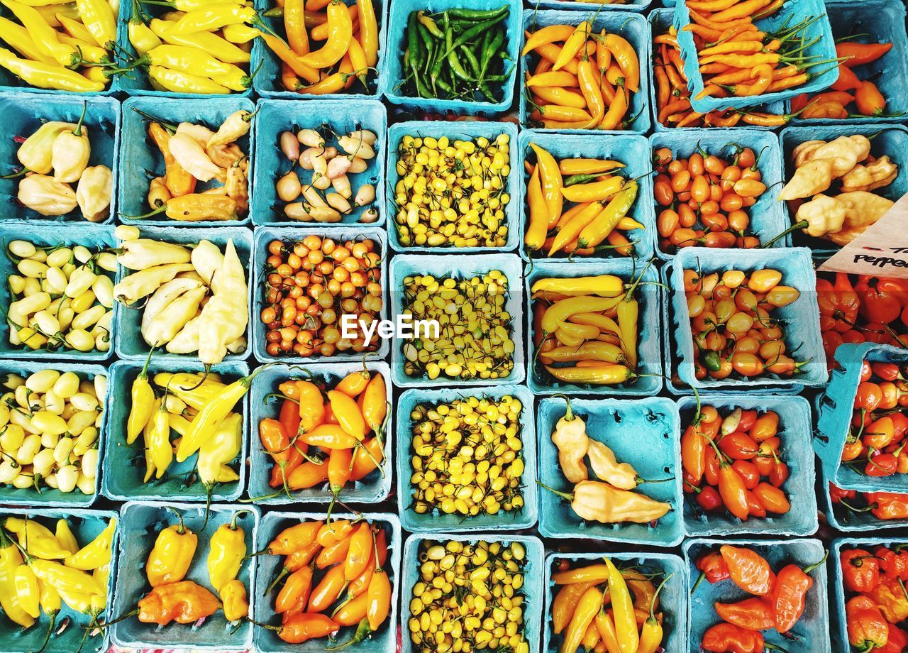 Full frame shot of multi colored peppers for sale in market