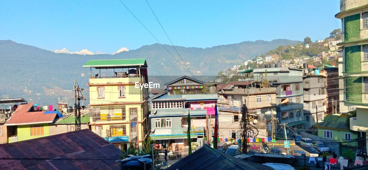 Buildings in city against clear sky