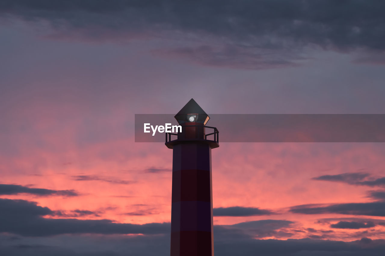 Marine navigational beacon in action. beautiful sunset sky in the background. shipping topics