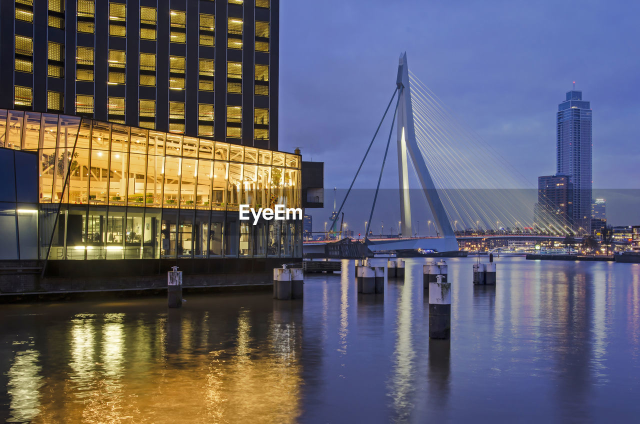 Rotterdam bridge and river in the blue hour