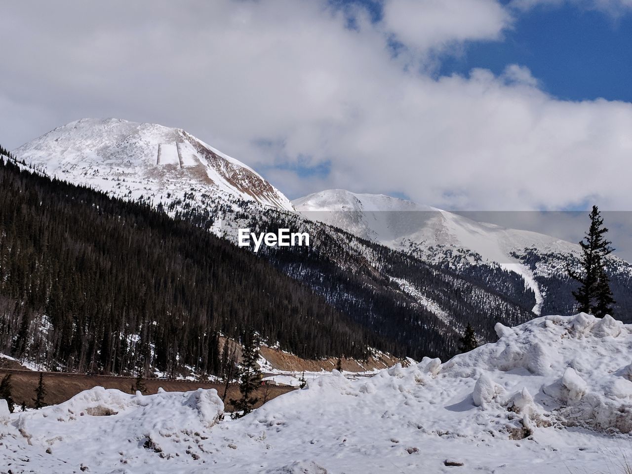 Scenic view of snow covered mountains against sky