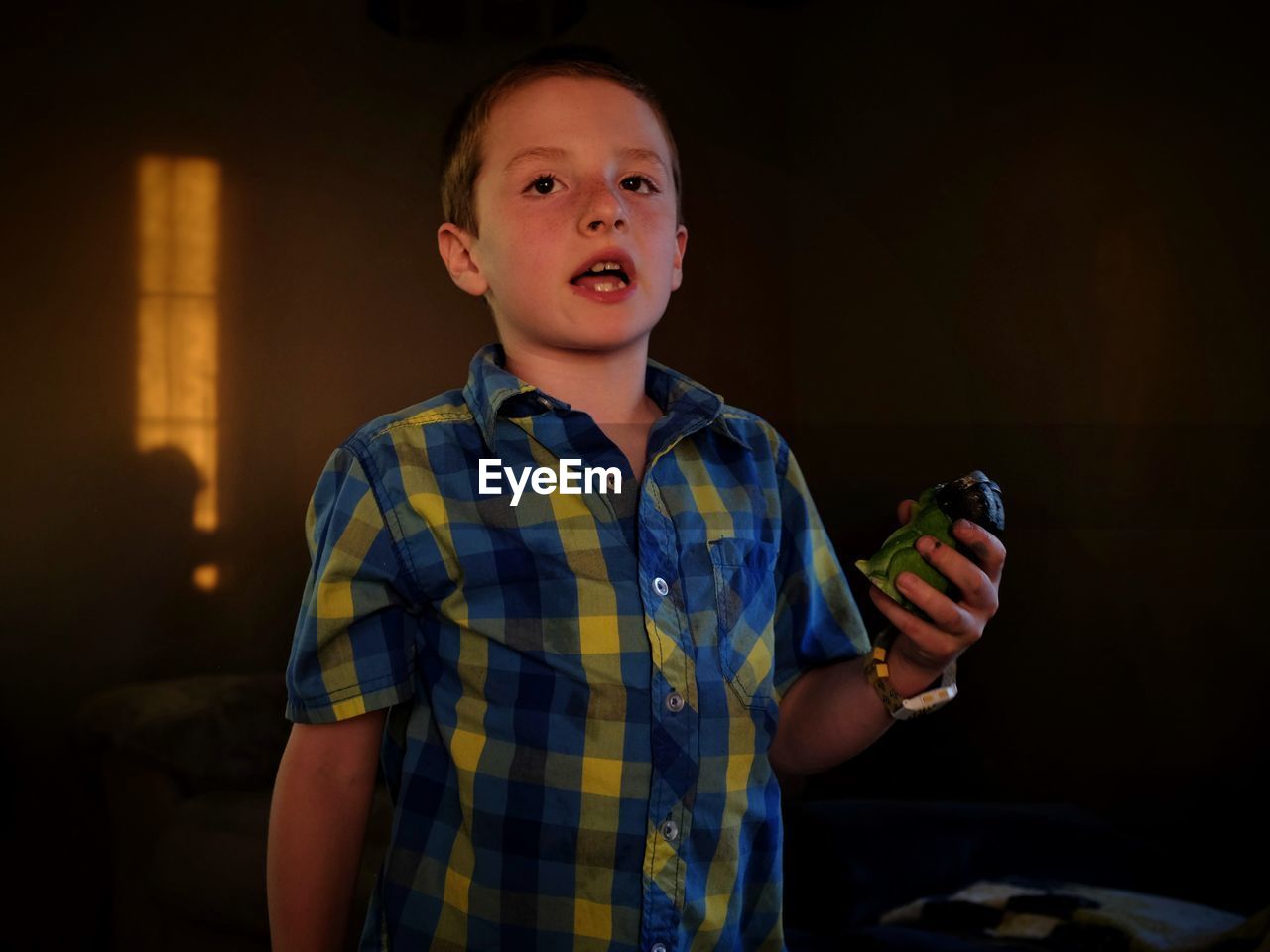 Boy holding toy animal at home