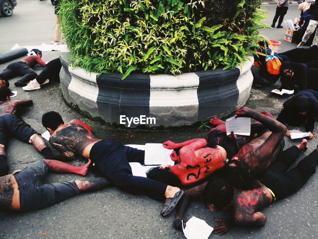 High angle view of protesters protesting on street