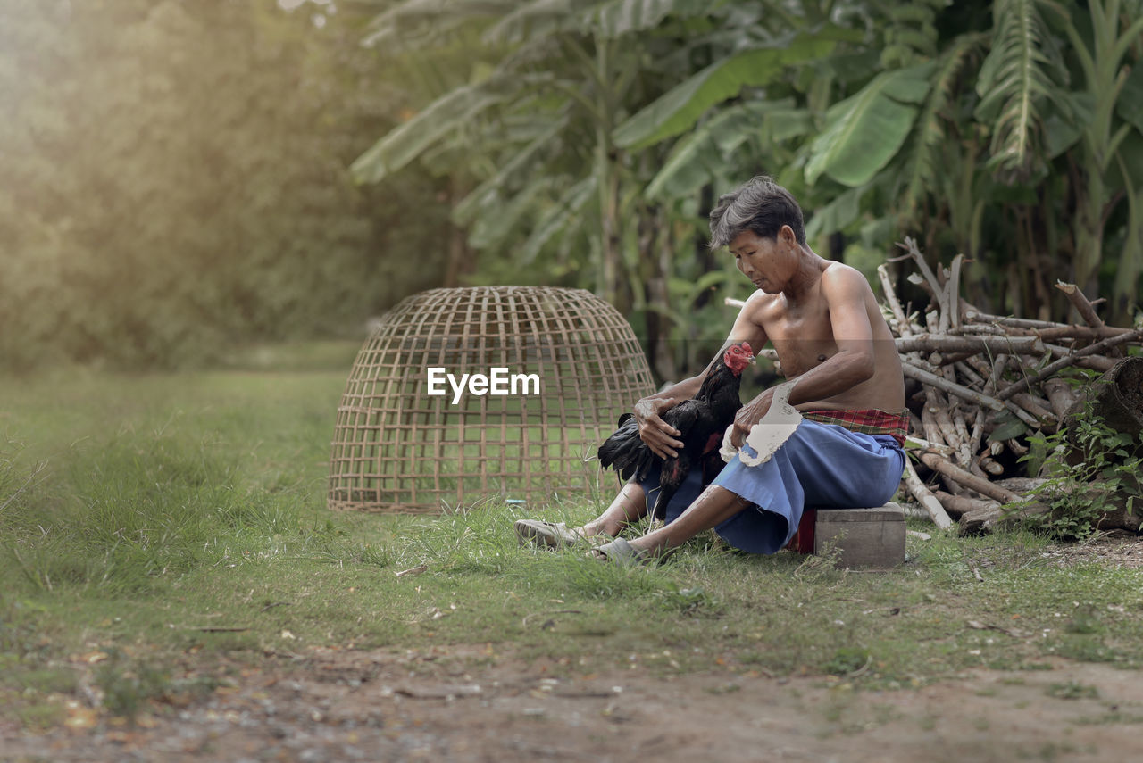 Shirtless man holding rooster while sitting against trees