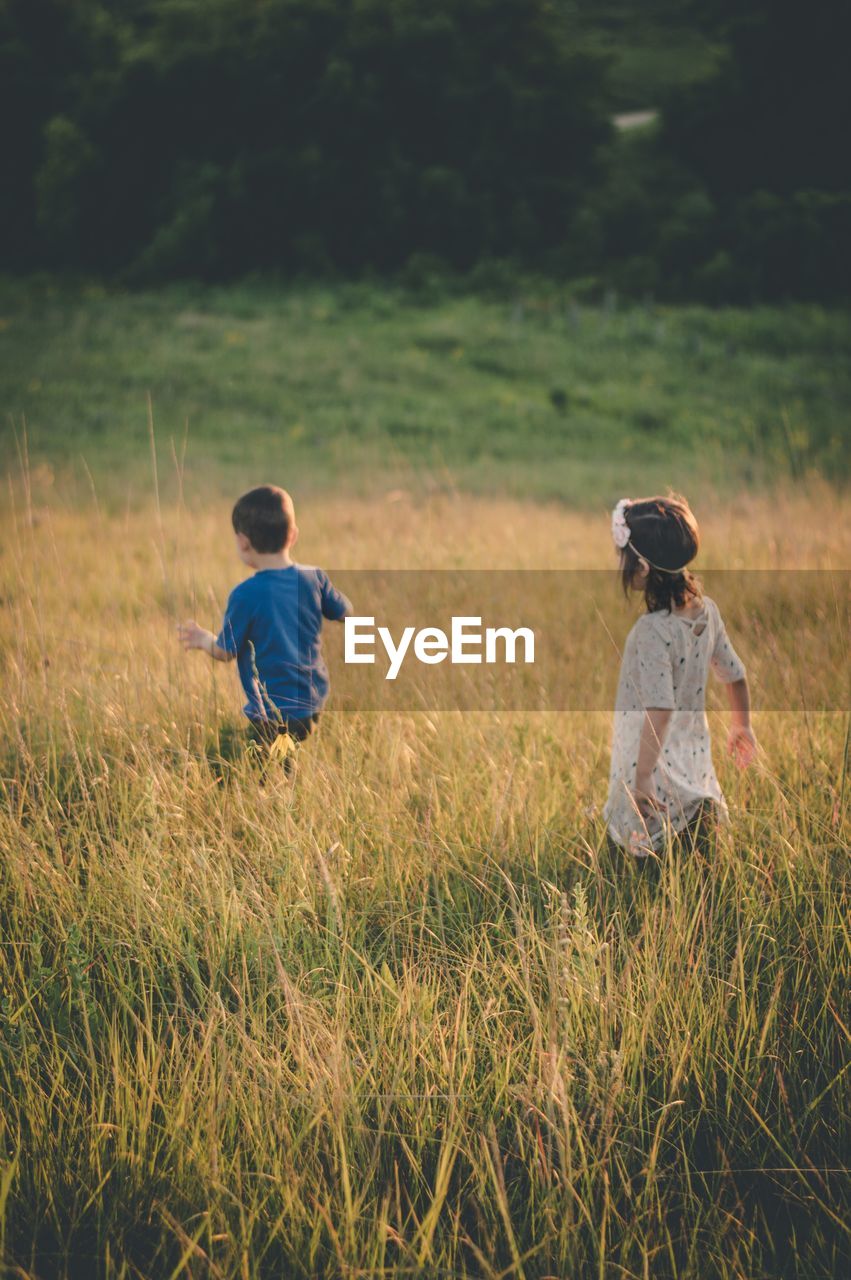 Rear view of siblings playing on field