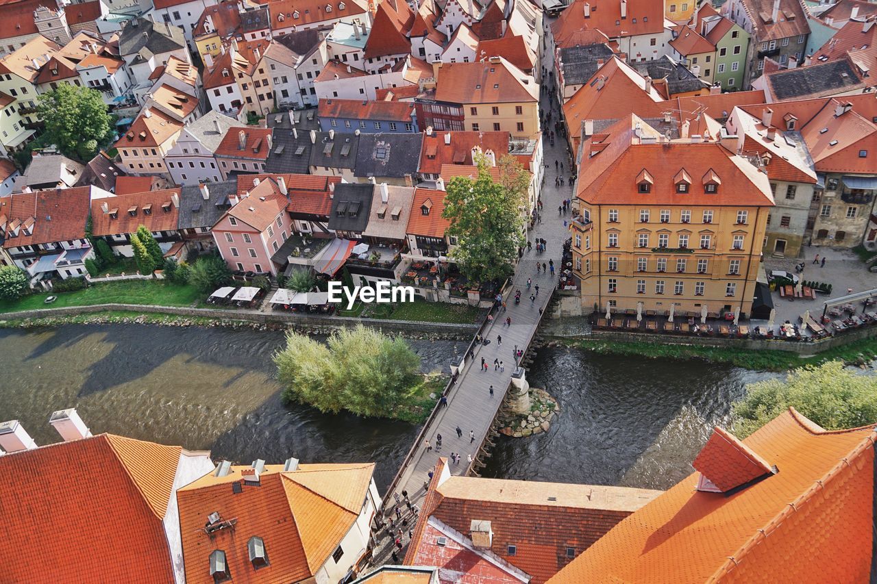 High angle view of houses in town