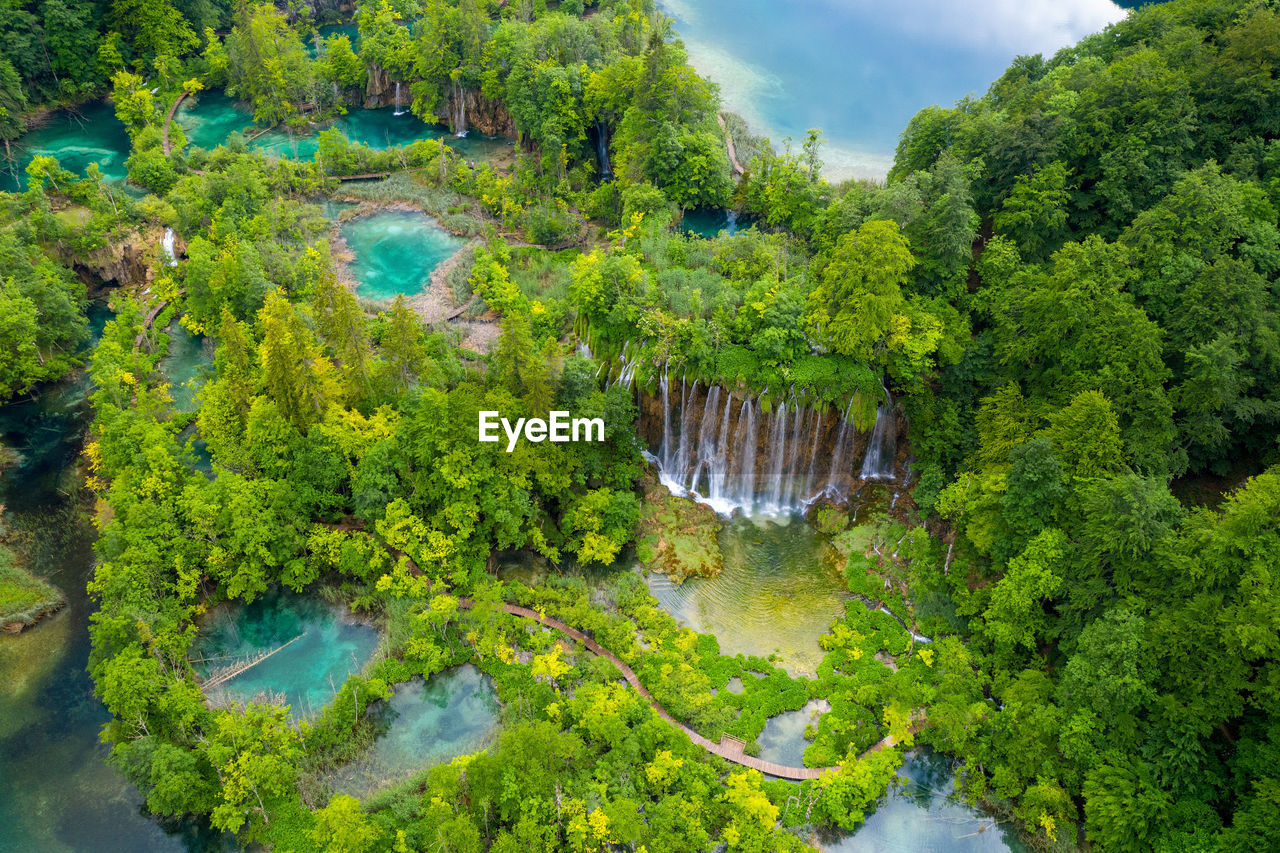 Aerial view of the waterfall on the plitvice lakes national park croatia