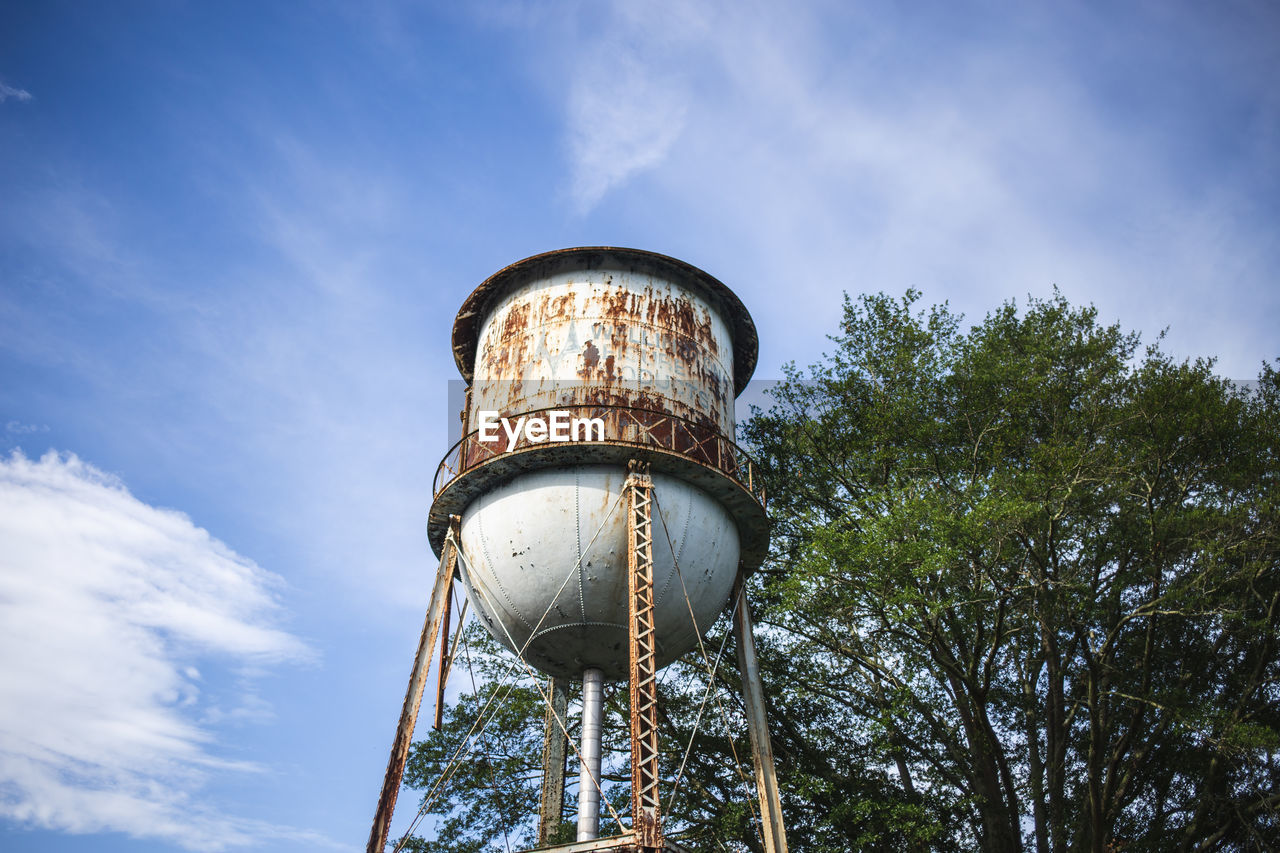 LOW ANGLE VIEW OF WATER TOWER AND TREES AGAINST SKY