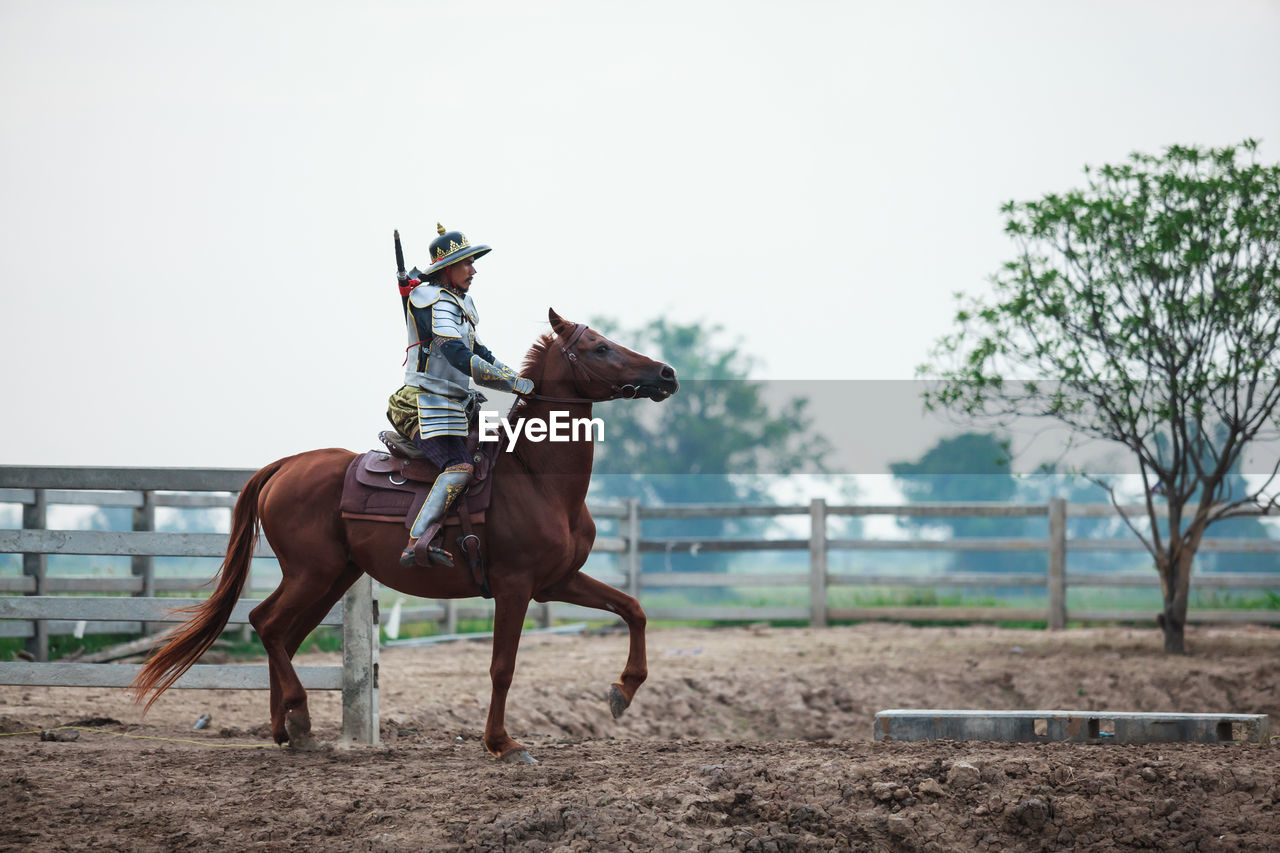 Side view of man riding horse at ranch against clear sky
