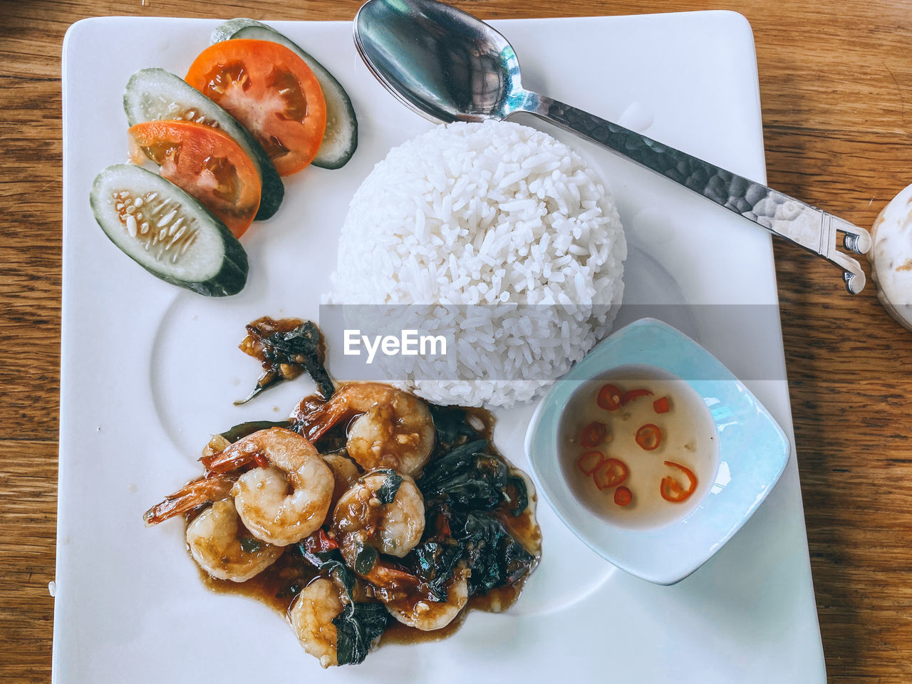 High angle view of food served on table