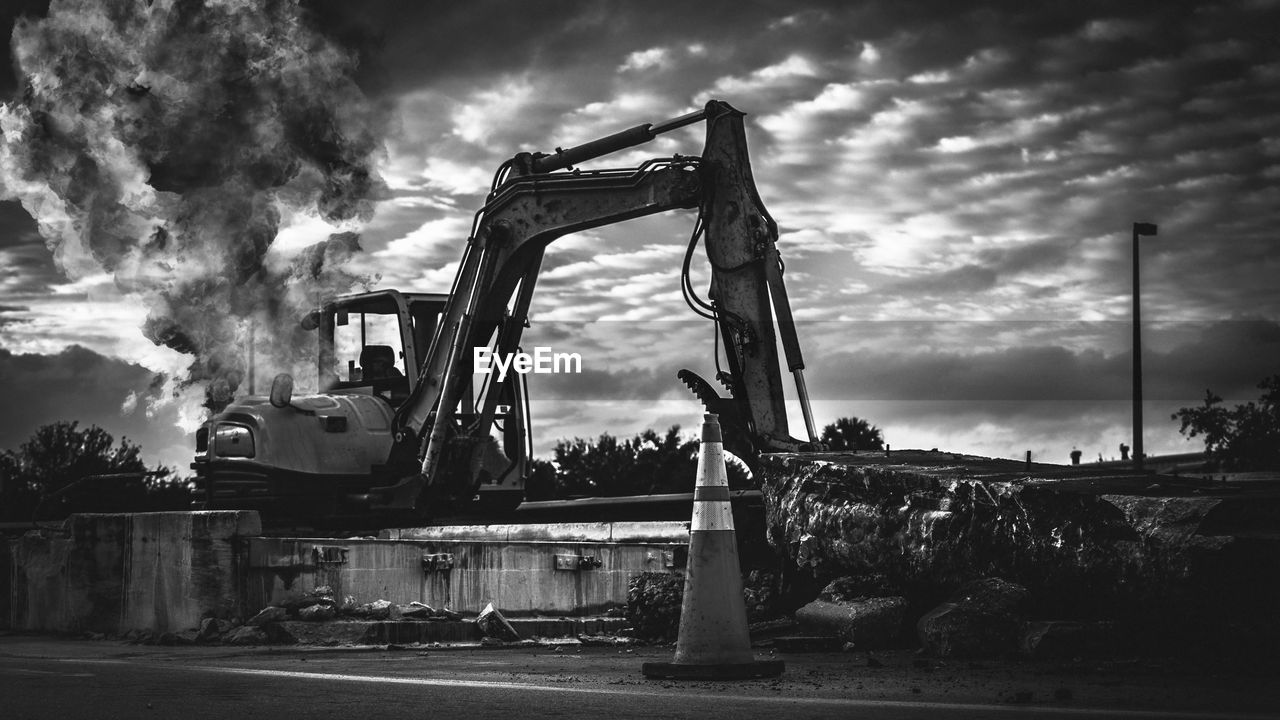 cloud, black and white, sky, monochrome, darkness, industry, monochrome photography, transportation, nature, tree, machinery, black, architecture, construction machinery, no people, construction industry, vehicle, outdoors