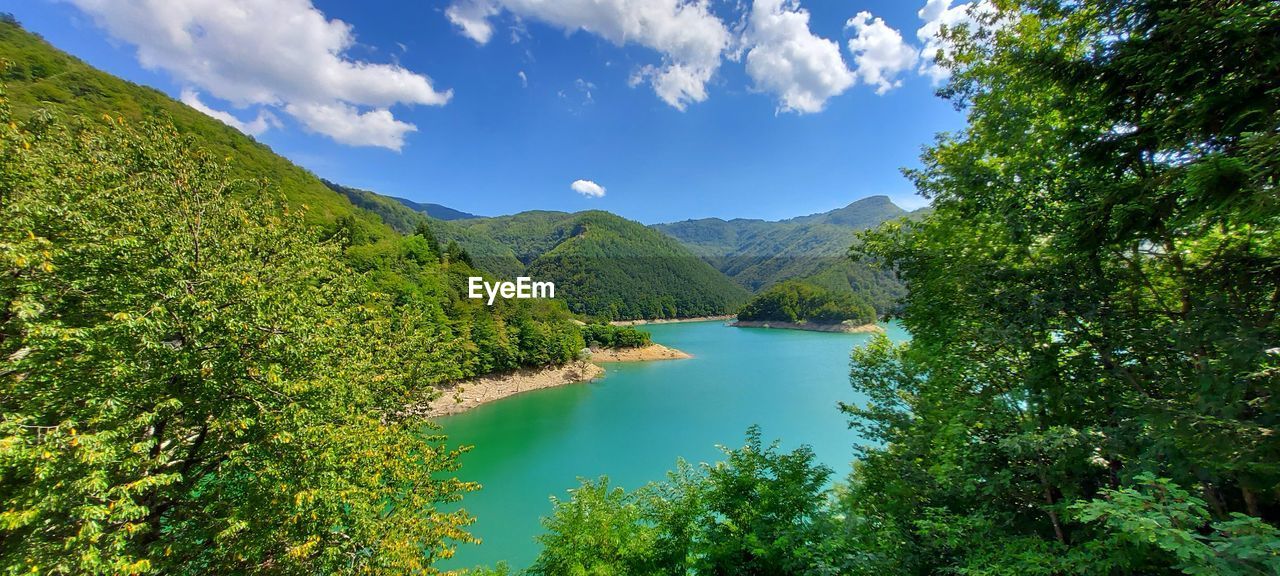 Scenic view of lake by trees against sky