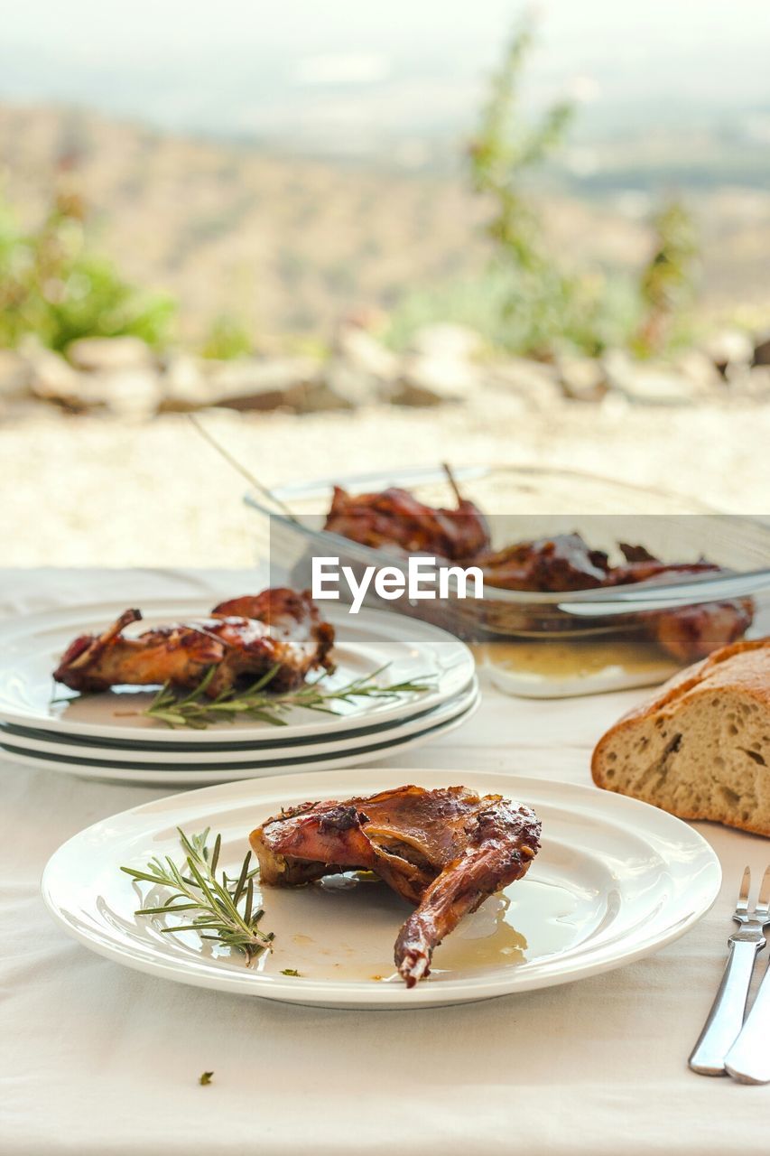 Baked meat in plates on table