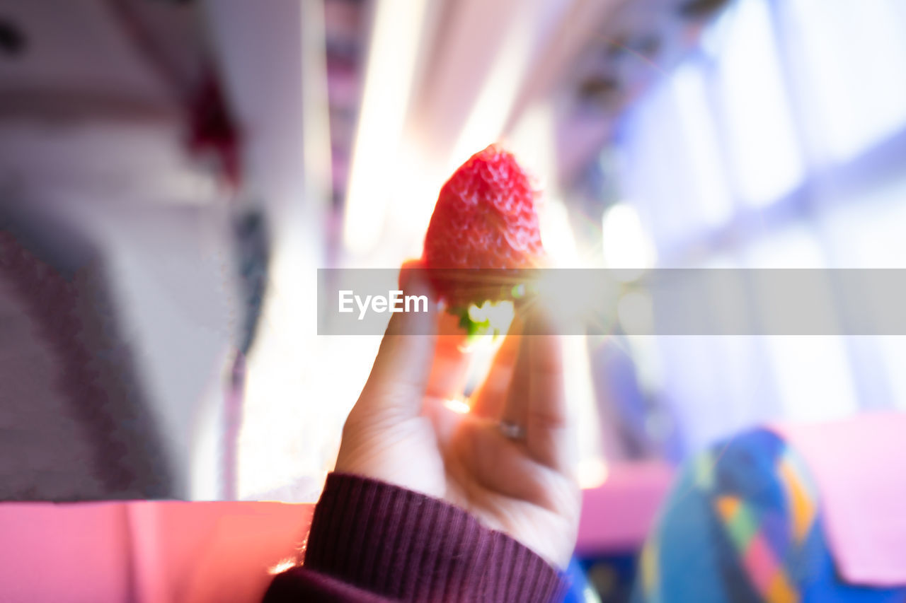red, one person, hand, holding, adult, women, selective focus, close-up, lens flare, indoors, day, pink, clothing, focus on foreground, sunlight, person, young adult, technology