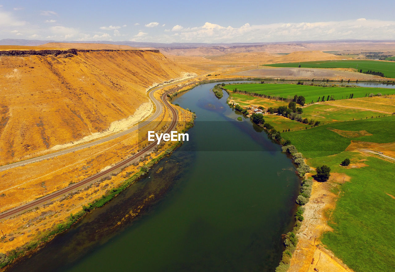 HIGH ANGLE VIEW OF RIVER FLOWING THROUGH LAND