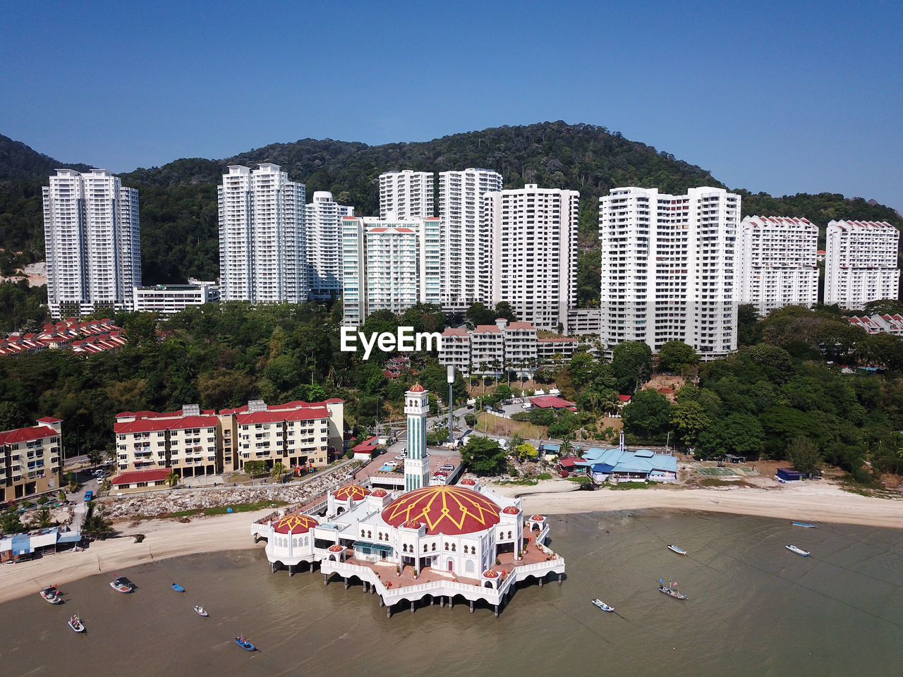 Aerial view floating mosque and the development construction at tanjung bungah.