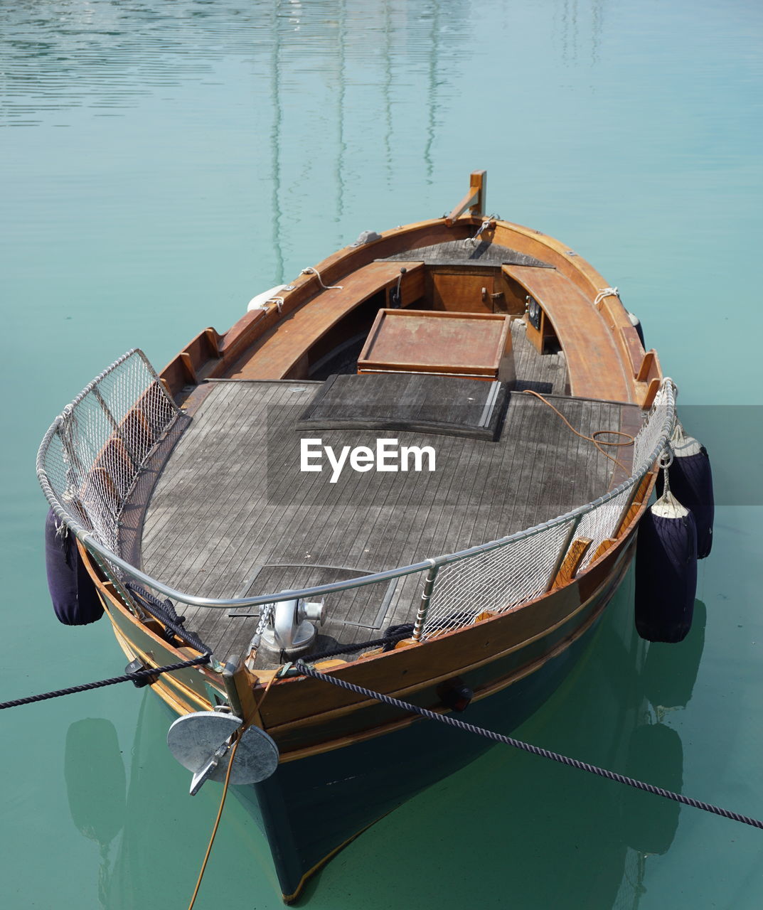 High angle view of fishing boat moored on sea