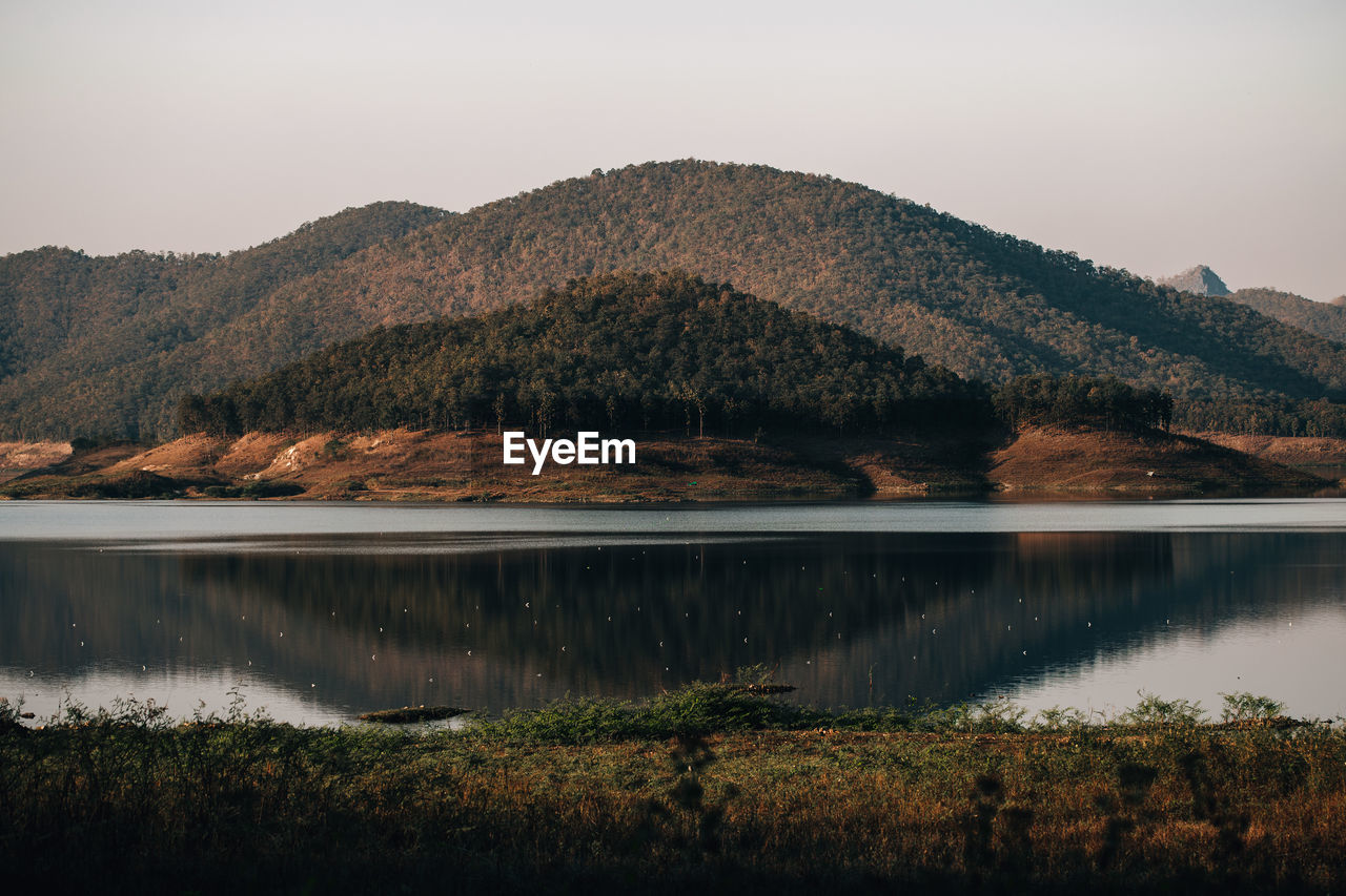 Scenic view of lake and mountains against sky