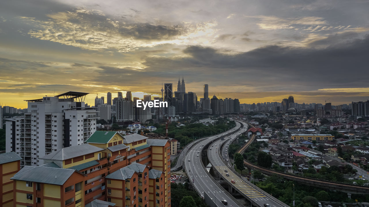 View of cityscape at sunset