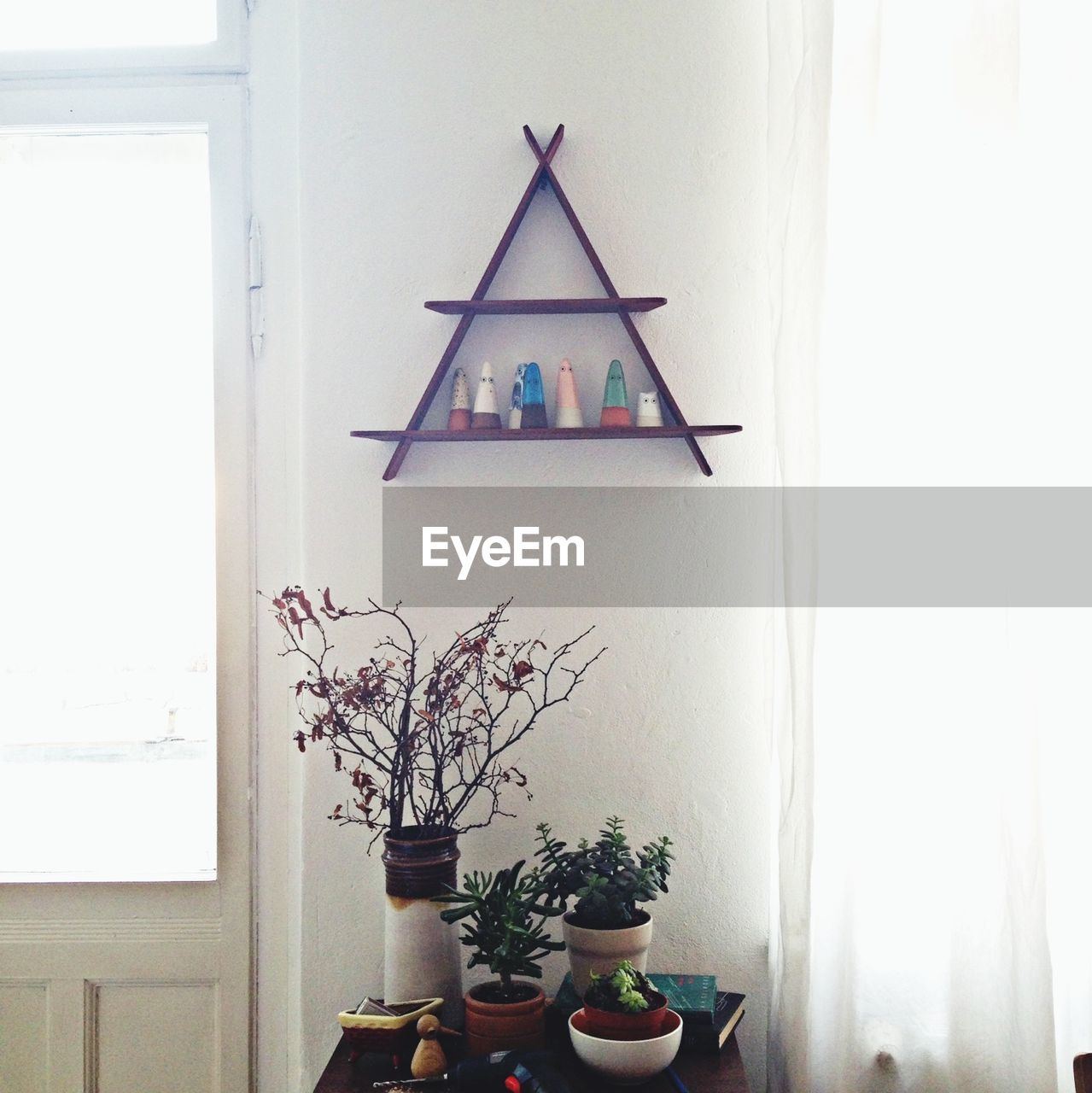 Potted plants on table against showpieces in triangular shelves